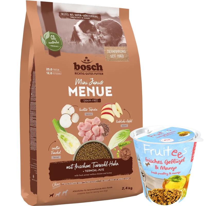 Kombipaket bosch HPC MENUE Mini Junior Tierwohl-Huhn + GRATIS bosch Fruitees frisches Geflügel & Mango