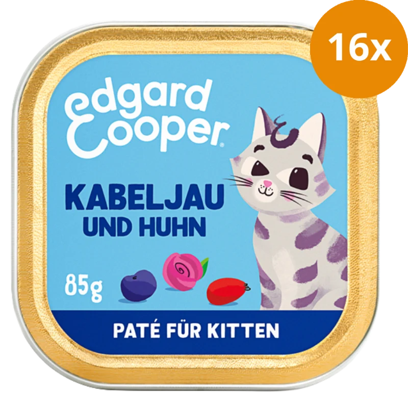 Edgard & Cooper Paté Kitten MSC-Kabeljau und Freilaufhuhn mit Blaubeeren, Rosenblüten und Hagebutten