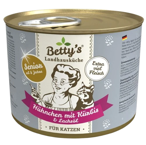 Bettys Landhausküche Katze Dose Senior Hühnchen mit Kürbis & Lachsöl 200 g