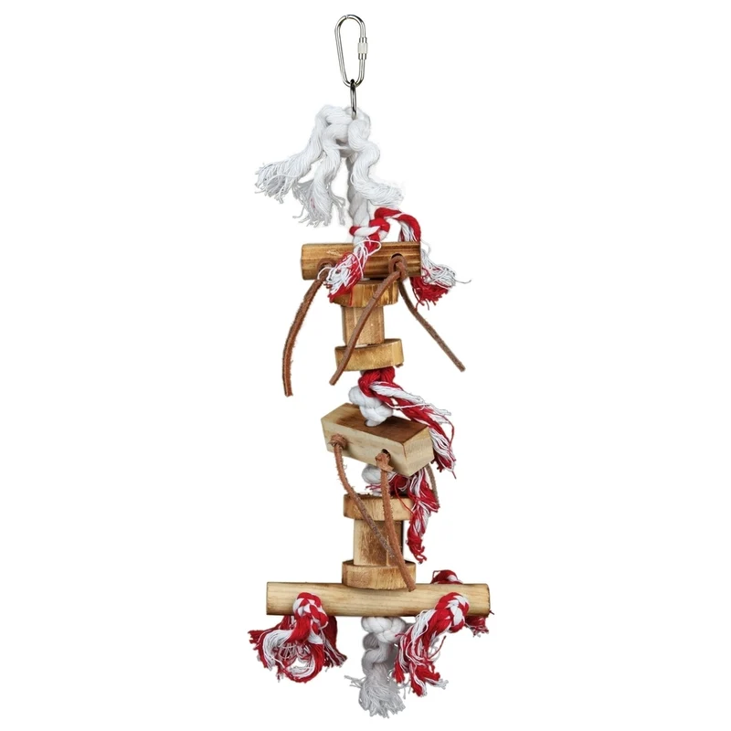 Vogelspielzeug aus Holz mit Lederbändchen