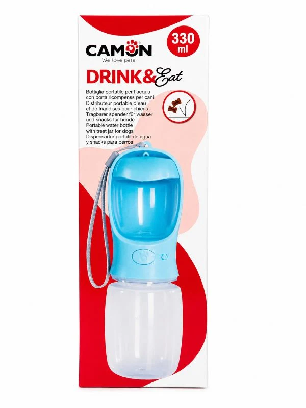 CAMON Drink & Eat – Tragbare Trinkflasche mit Snackbehälter für Hunde (330 ml)