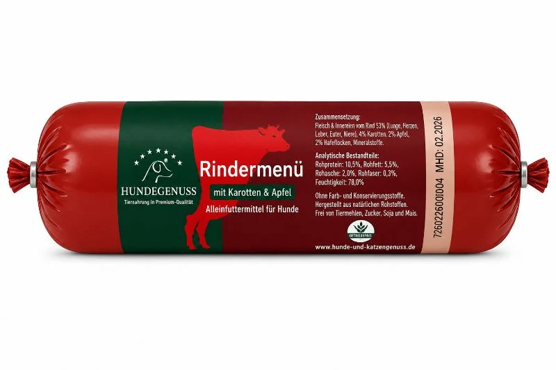 Hundegenuss Rindermenü mit Karotten & Apfel