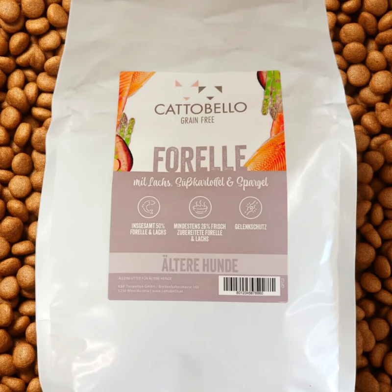 Cattobello Hund Forelle mit Lachs, Süßkartoffel und Spargel Senior