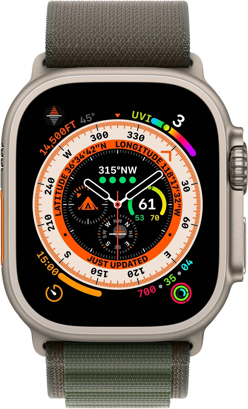 Apple Watch Ultra (GPS + Cellular) 49mm Titanium Case with Green Alpine Loop - Large - Titanium