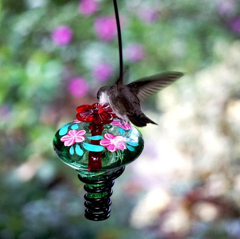 Hand Painted Mini-Blossom Green Glass Hummingbird Feeder