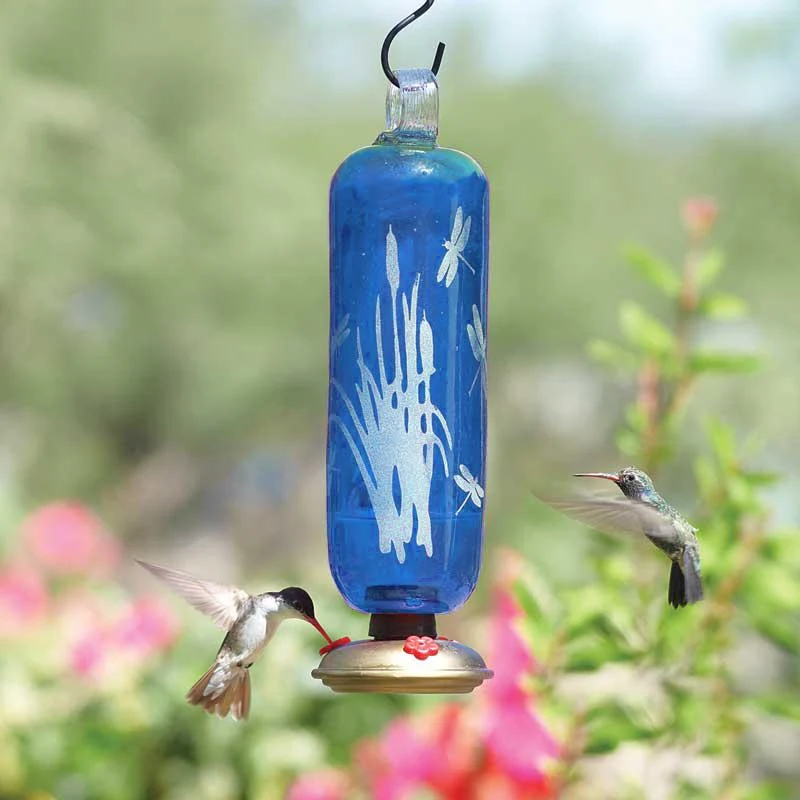 Dragonfly Filigree Glass Hummingbird Feeder - Blue