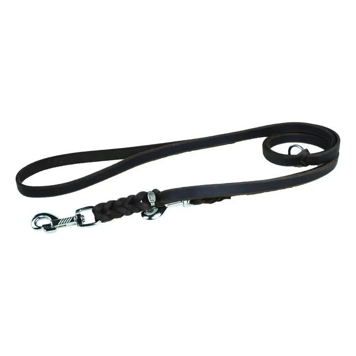 JHS Hundeleine Fettleder 2-fach verstellbar – 240 cm, Chrom, Schwarz