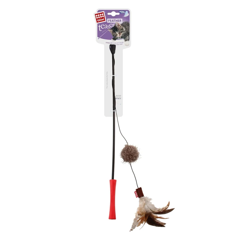 GiGwi Feather Teaser Wand with Natural Plush Tail & TPR Handle Cat Toy Red