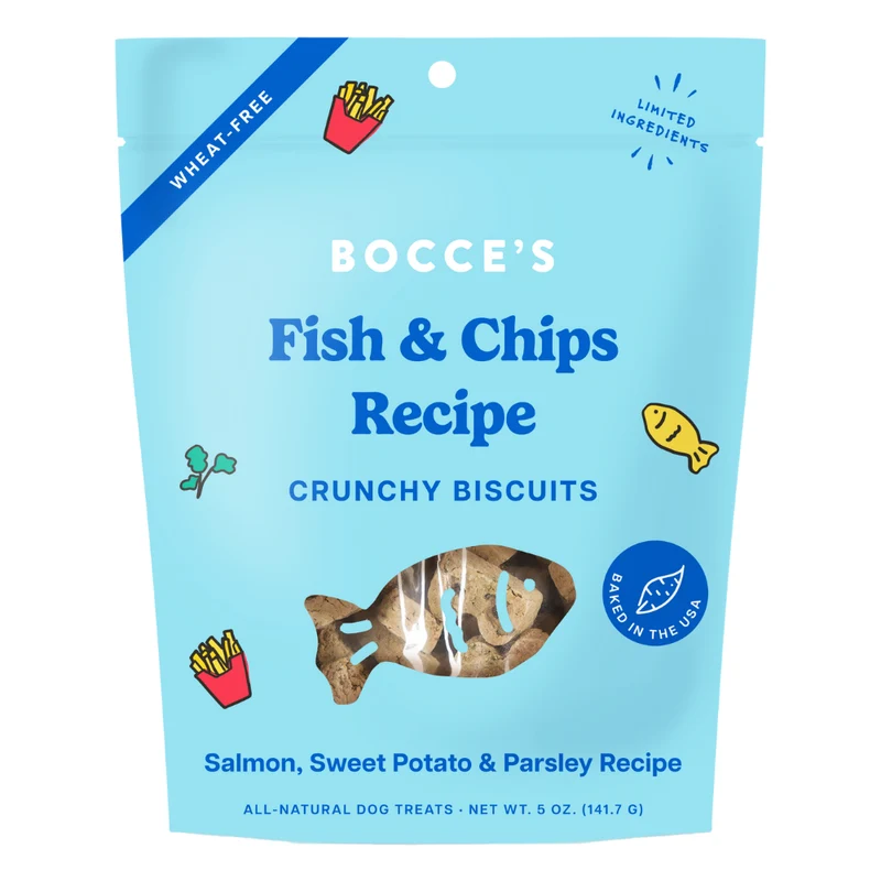Expiry Date 06-Nov-26 Bocce's Bakery Fish & Chips Biscuits Dog Treat - 5OZ