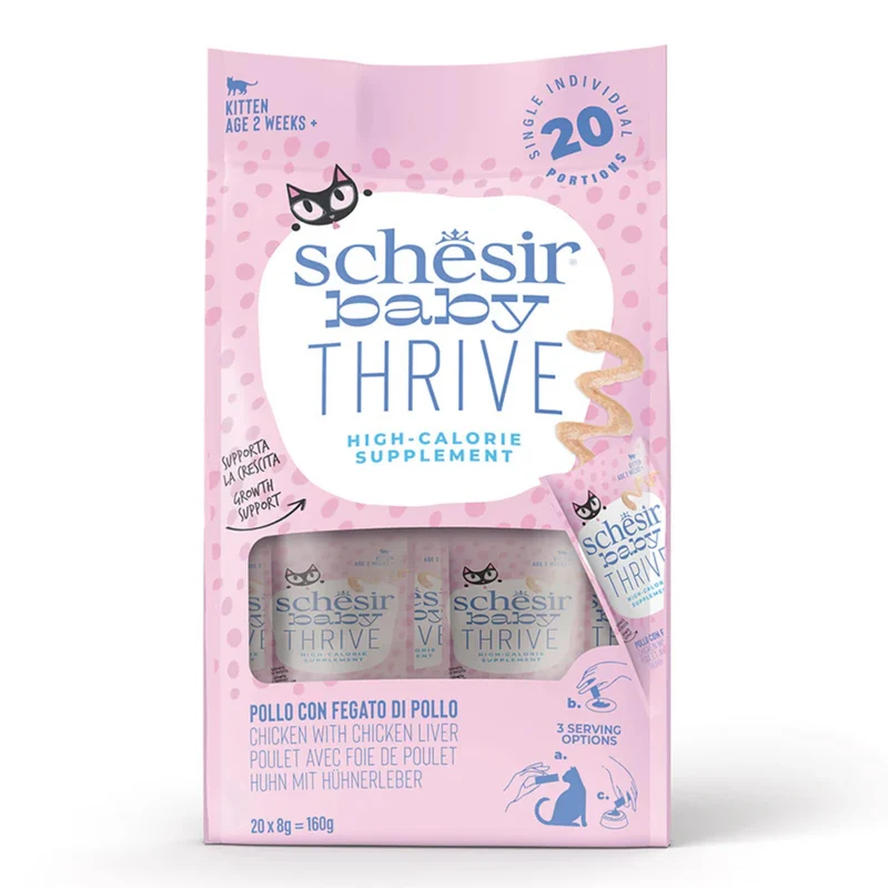 Schesir Baby Thrive High-Calorie Supplement In Cream Kitten Cat Treats With Chicken & Liver 20X8G