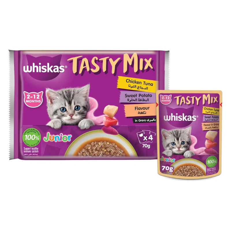 Whiskas Kitten Tasty Mix Chicken Tuna & Potato in Gravy Wet Cat Food 4X70G