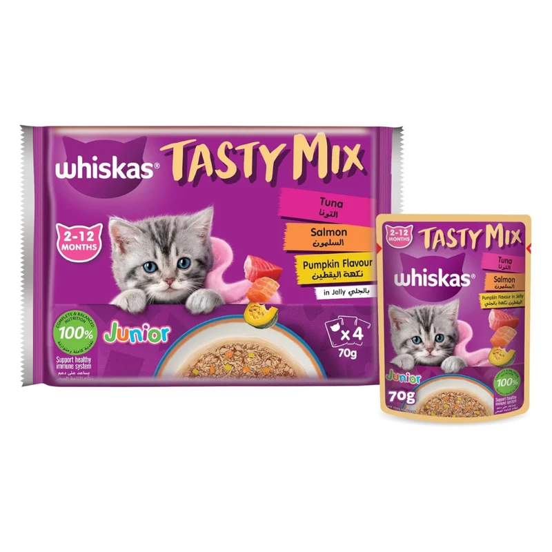 Whiskas Kitten Tasty Mix Tuna Salmon & Pumpkin in Jelly Wet Cat Food 4X70G