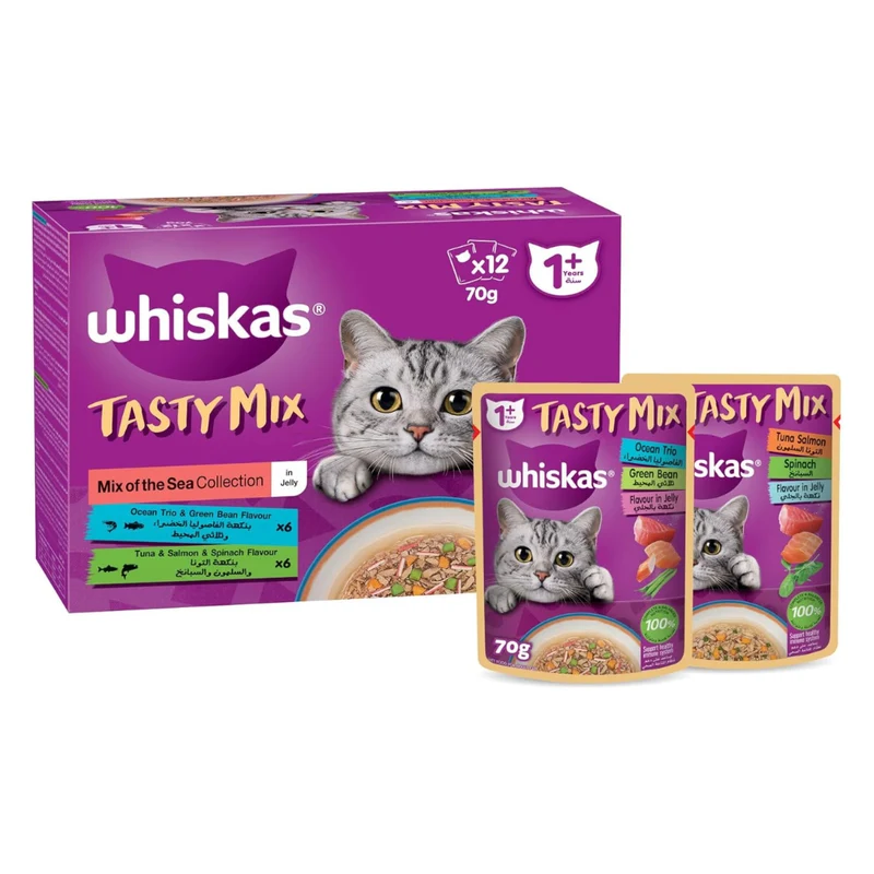 Whiskas 1+ Years Tasty Mix of the Sea Collection Adult Wet Cat Food in Jelly 12X70G