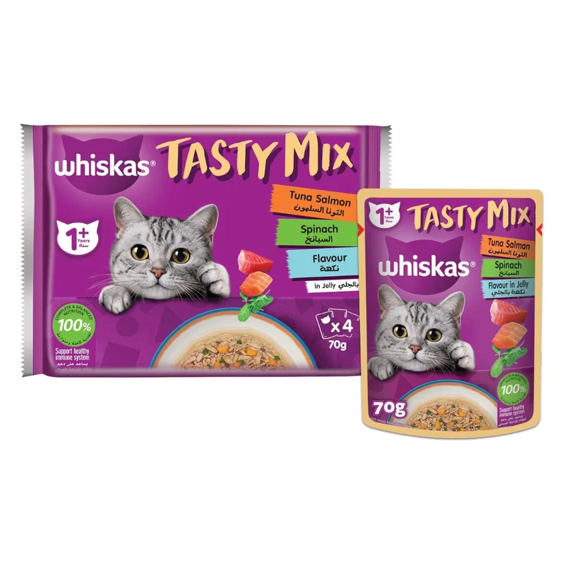 Whiskas 1+ Years Tasty Mix Tuna Salmon & Spinach Adult Wet Cat Food in Jelly 4X70G