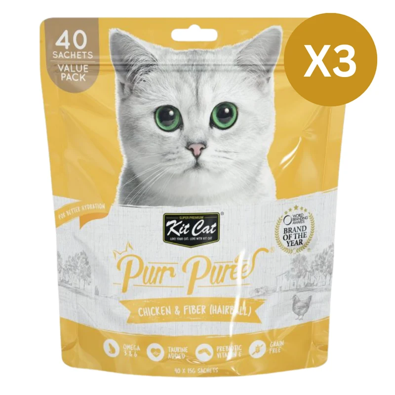 Kit Cat Puree Chicken & Fiber Hairball Cat Treats 600G - Pack of 3