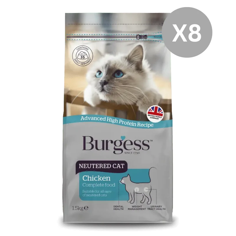 Burgess Neutered Cat Chicken Dry Cat Food 1.5KG - Pack Of 8
