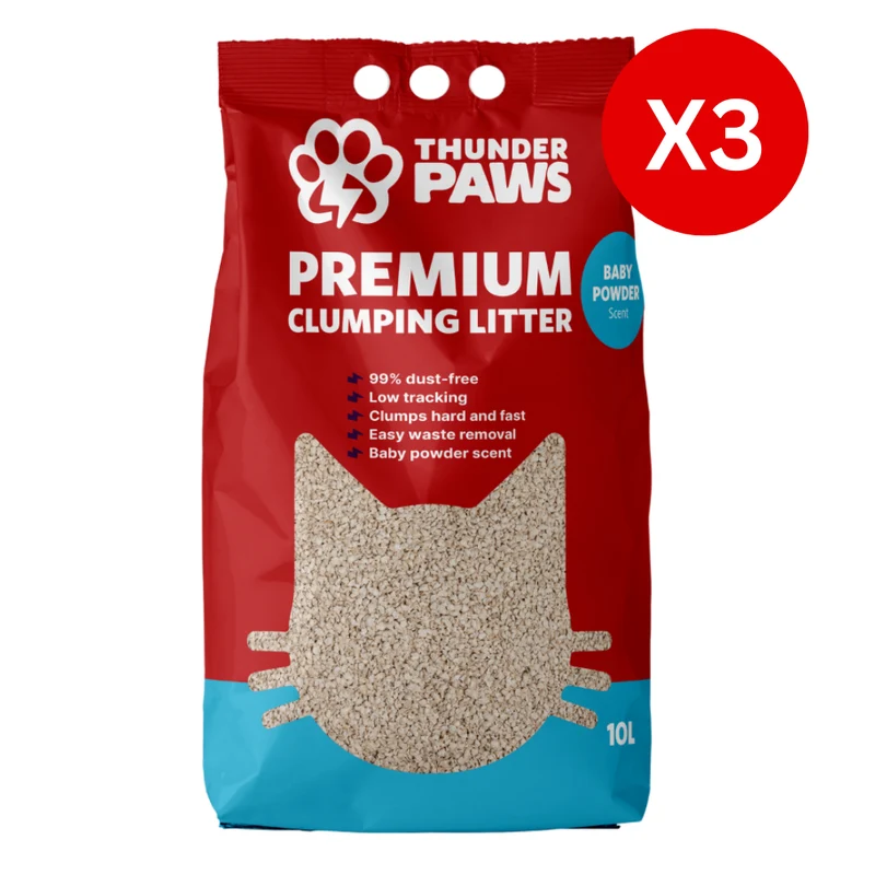 Thunder Paws Premium Hard Clumping Clay Baby Powder Scent Cat Litter 10L - Pack of 3