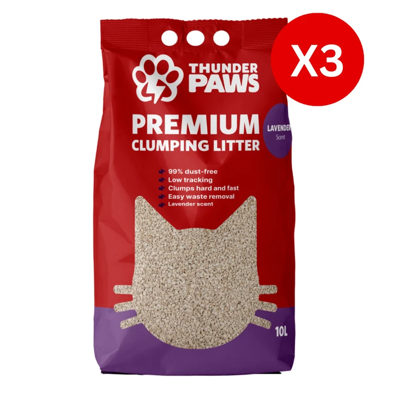 Thunder Paws Premium Hard Clumping Clay Lavender Scent Cat Litter 10L - Pack of 3