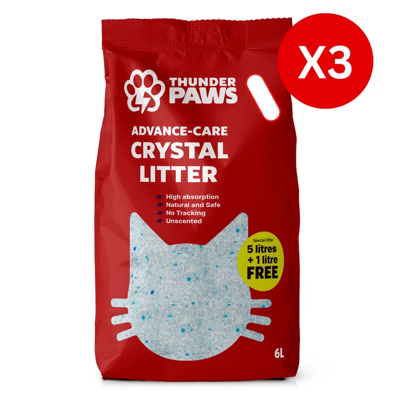 Thunder Paws Advance Care Non-Clumping Crystal Cat Litter Unscented 5+1 Liter FREE - Pack of 3