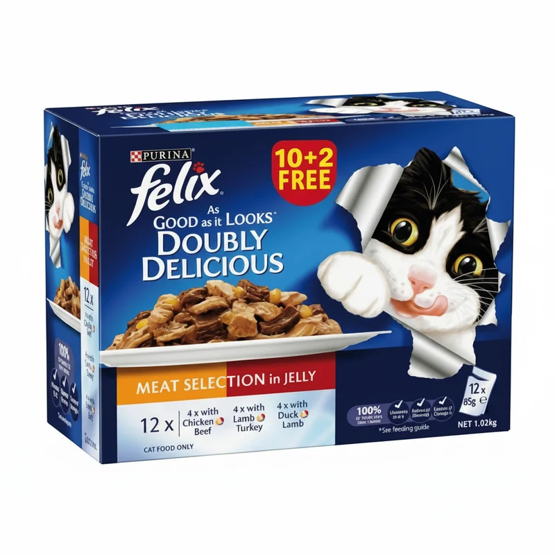 PURINA Felix Doubly Delicious Meaty Selection In Jelly Wet Cat Food 10+ 2FREE - 12X85G