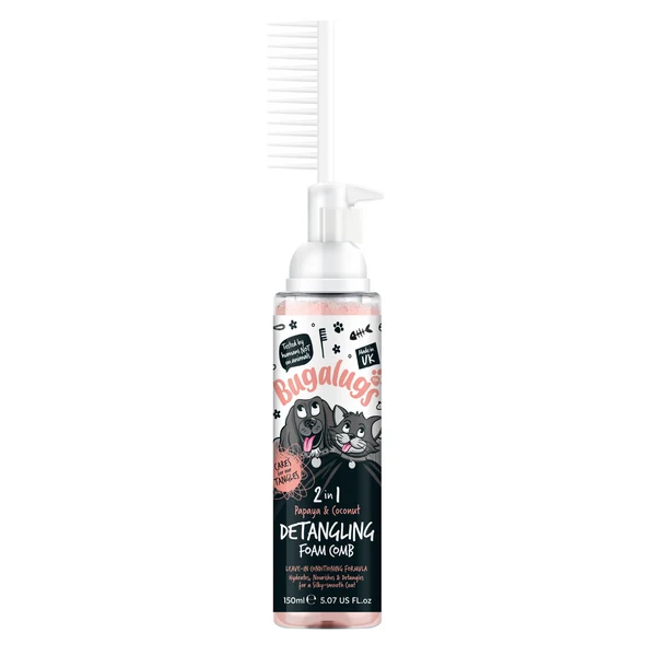 Bugalugs 2-in-1 Detangling& Conditioning Foam Comb for Dogs & Cats - Papaya & Coconut 150ML