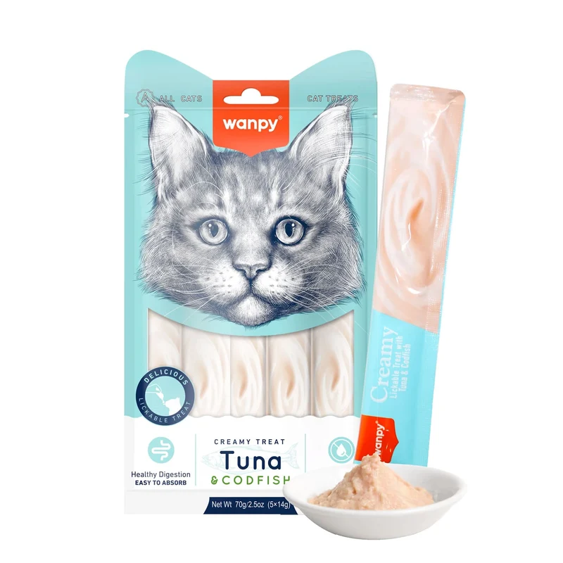 Wanpy Creamy Lickable Cat Treats Tuna & Codfish 5x14g