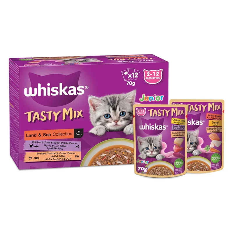Whiskas Junior Kitten Tasty Mix Land & Sea Collection Wet Cat Food in Gravy 12X70G