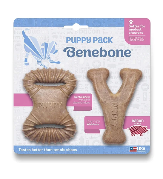 Benebone Puppy Dental Chew/Wishbone Bacon Toy for Dogs 2pcs